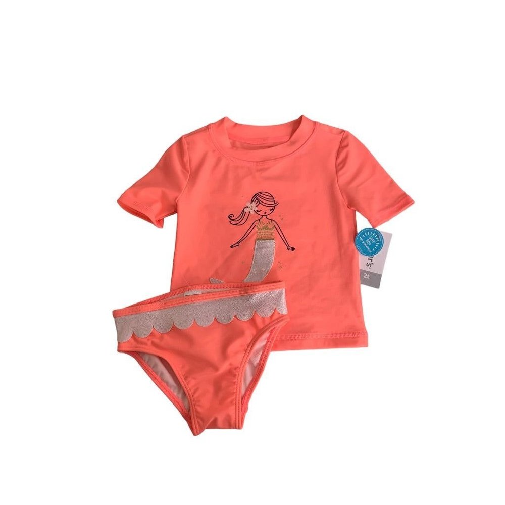 2T Carters New Girls 2 Piece Swimsuit Bright‎ Coral Mermaid Theme UPF50+ Sun